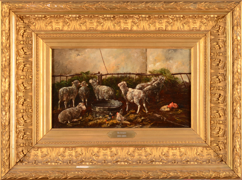 Charles Jacque — Interieur d'etable avec des moutons, huile sur panneau, signe