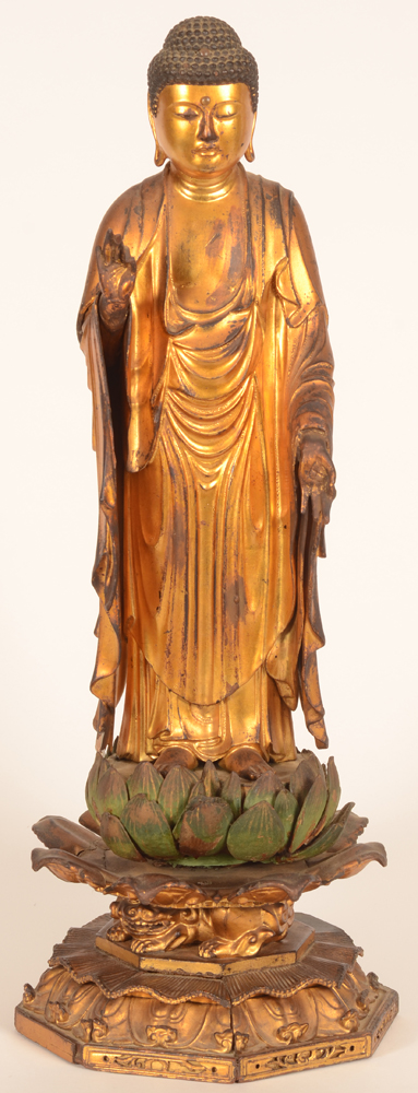 Japanese buddha — <p>Boudha en bois doré et laqué, époque Meiji, manques et restaurations</p>