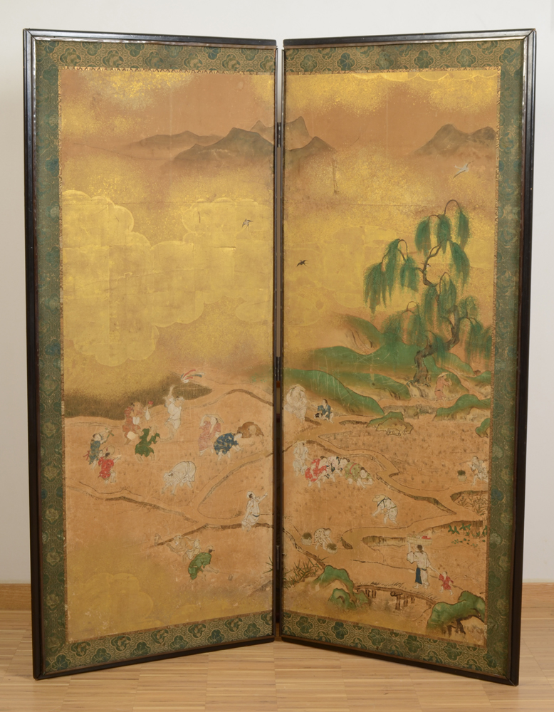 Japanese two-fold screen — depicting the transplanting of the rice.