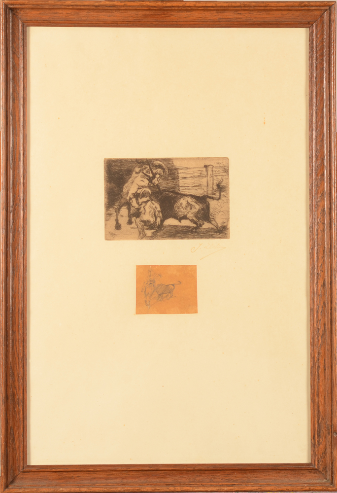 Jean Delvin Picador Etching and Drawing — The drawing mounted onto the etching paper