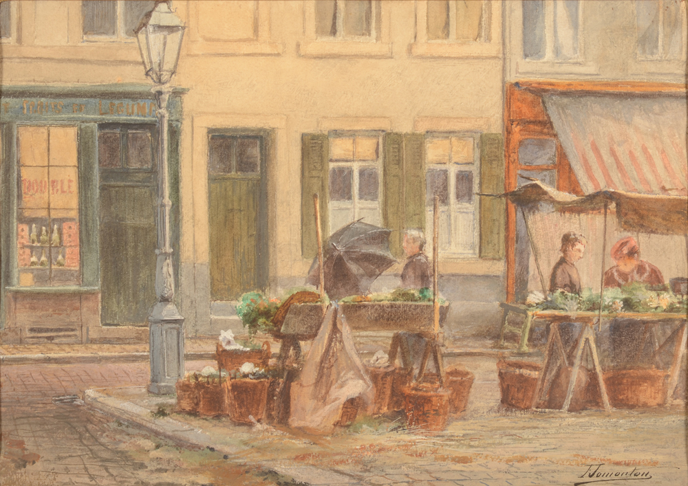 Frédéric Jomouton — Un coin de marché à Namur, aquarelle signée