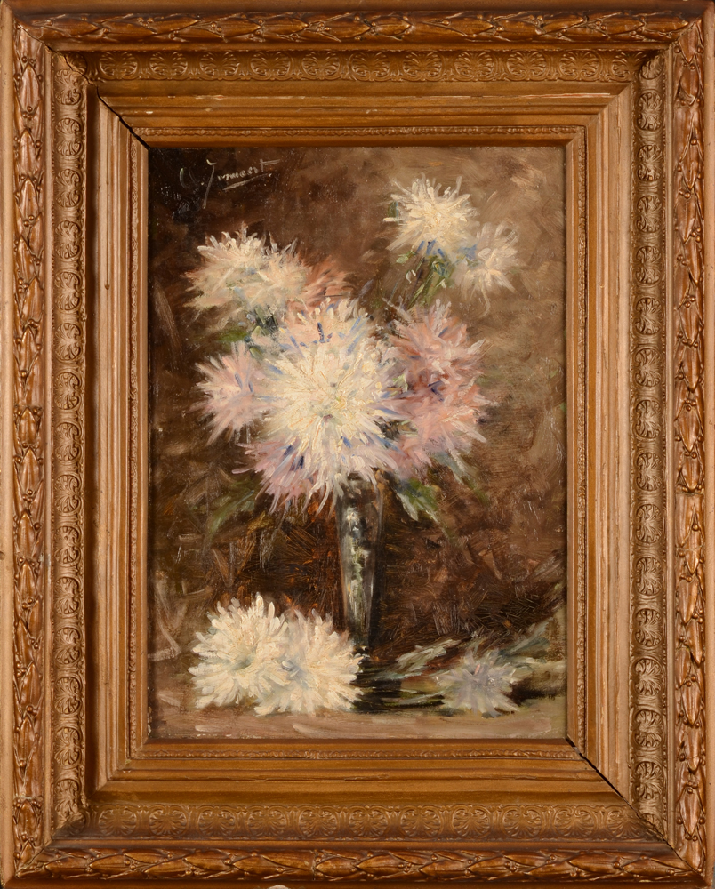 Clemence Jonnaert — Chrysanthemums, oil on canvas, one of a pair of flower paintings