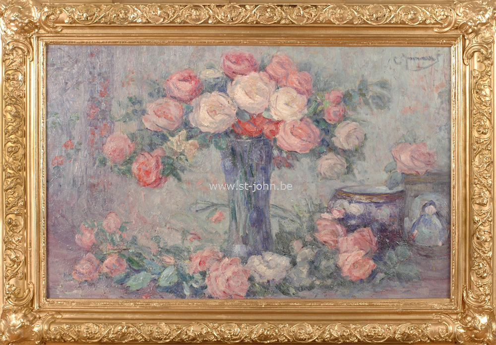 Clemence Jonnaert — Roses dans un vase bleue, huile sur toile. Oeuvre de belle qualité de cette femme peintre.