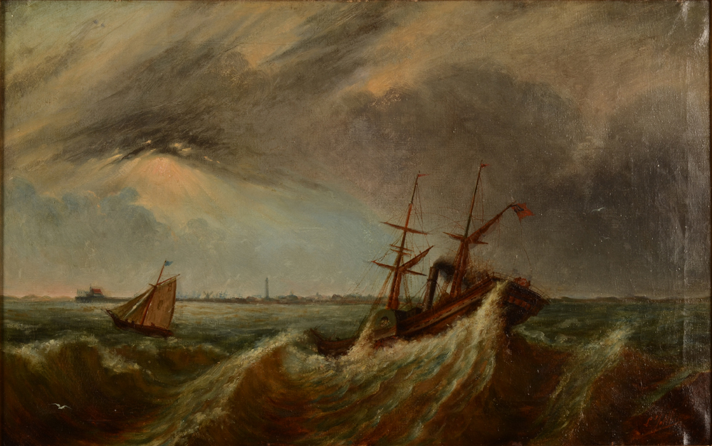 Louis Jotthier — Bateau à vapeur dans une mer houleuse, huile sur toile, signée