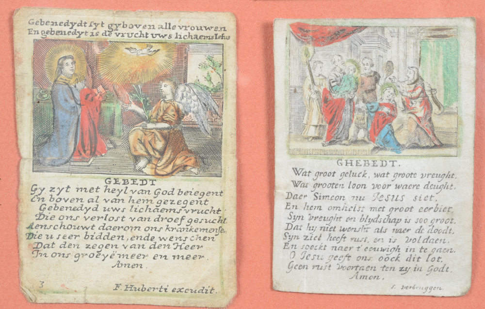 A frame with 7 devotional images — Two engravings with prayers in Flemish for the Holy Virgin and St Simon
