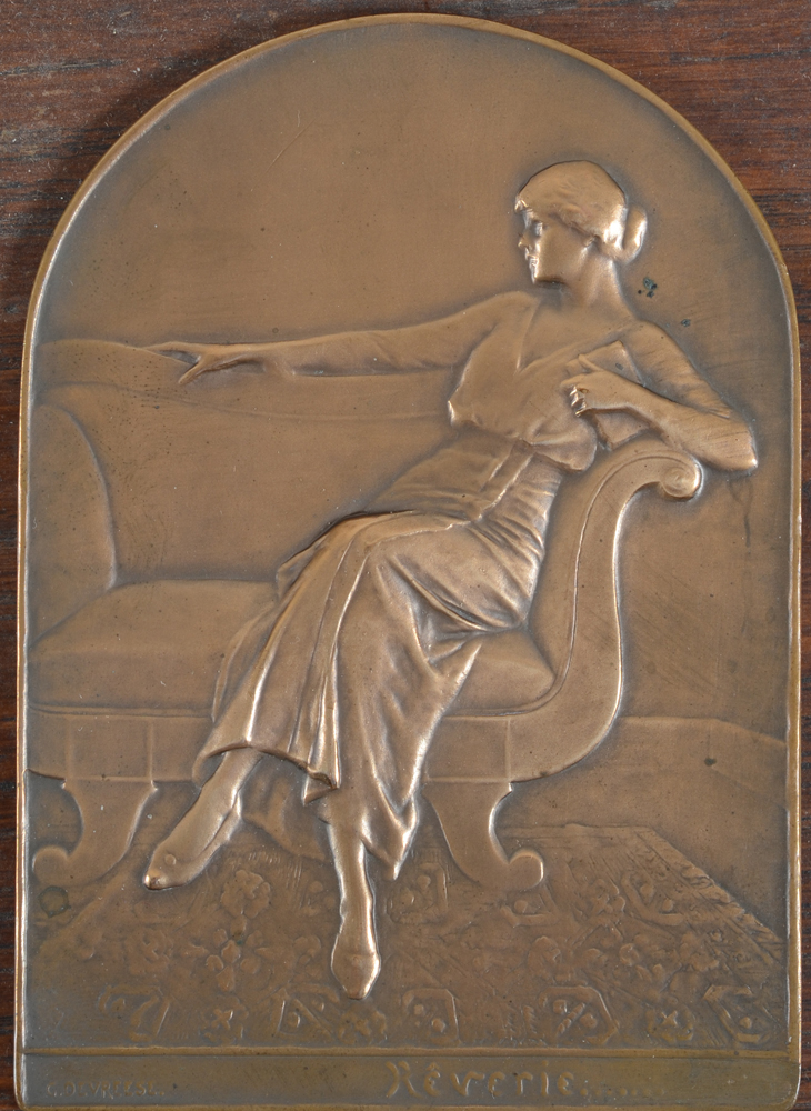 Godefroid Devreese, Rêverie, a patinated bronze art deco plaquette — Plaquette en bronze patinée, art deco