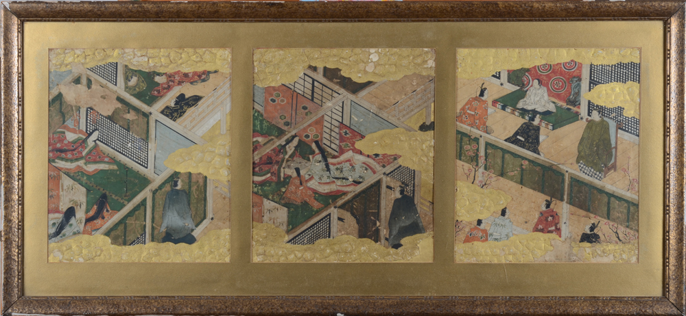 A pair of frames with each three Japanese paintings of court scenes, by an unknown artist, 19th cent — The first frame