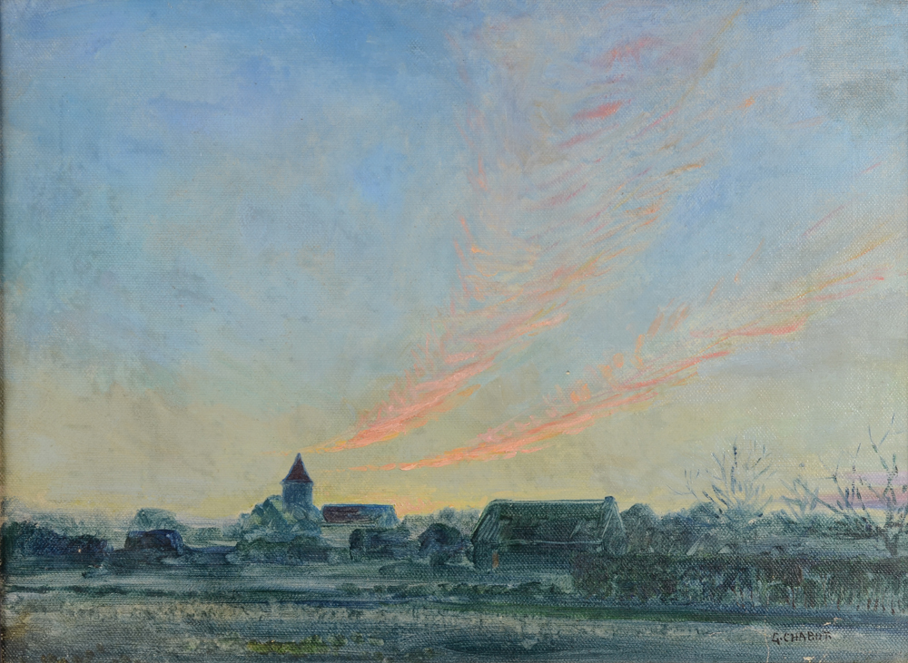 Georges Chabot — Village au soir, probablement Afsnee près de Gand, huile sur toile signée