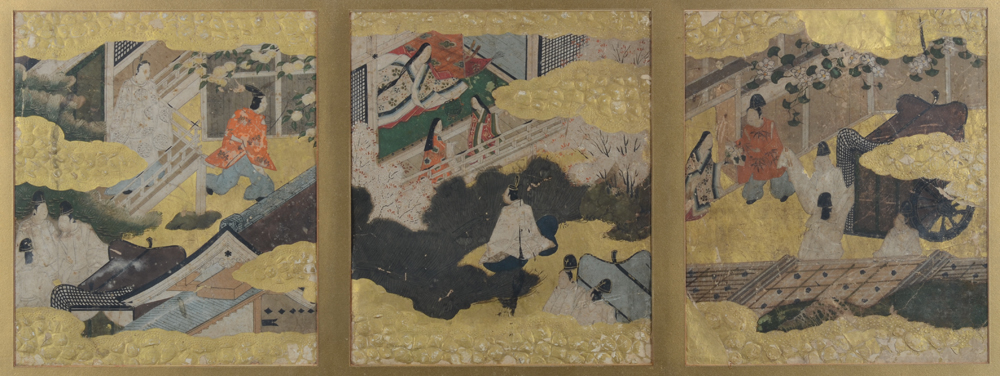 A pair of frames with each three Japanese paintings of court scenes, by an unknown artist, 19th cent — The other triptych, mixed media on paper