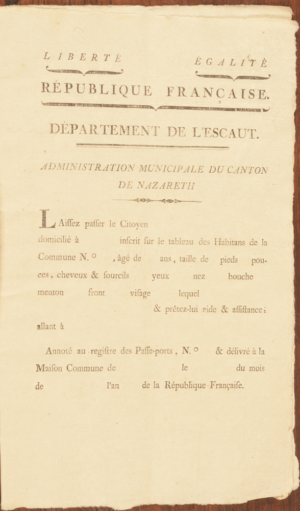 Laissez-passer French Republic — <p>Laissez-passer blanco, Département de l'Escaut, administration municipale du Canton de Nazareth</p>