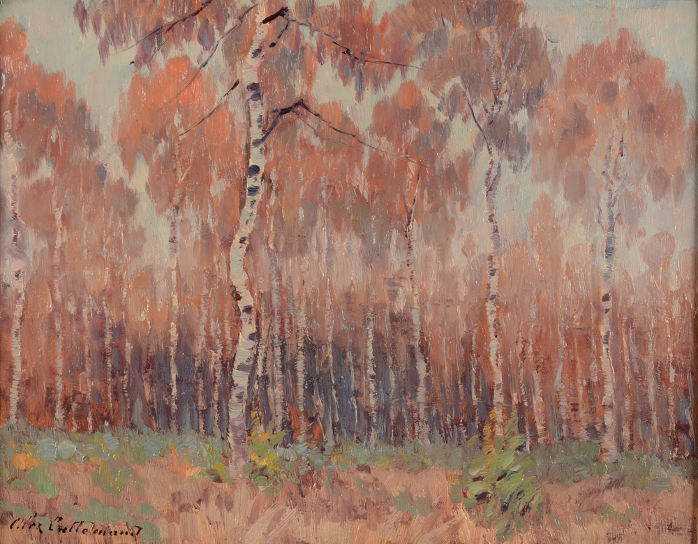 Alex Lallemand Birch trees — Huile sur panneau de cet impressioniste né à Ixelles