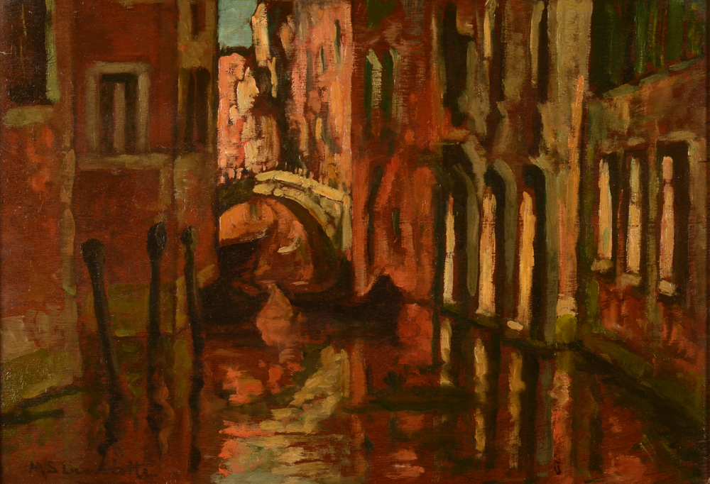 Maria Lambiotte — Vue d'un canal à Venise, huile sur panneau d'isorel, signée en bas à gauche