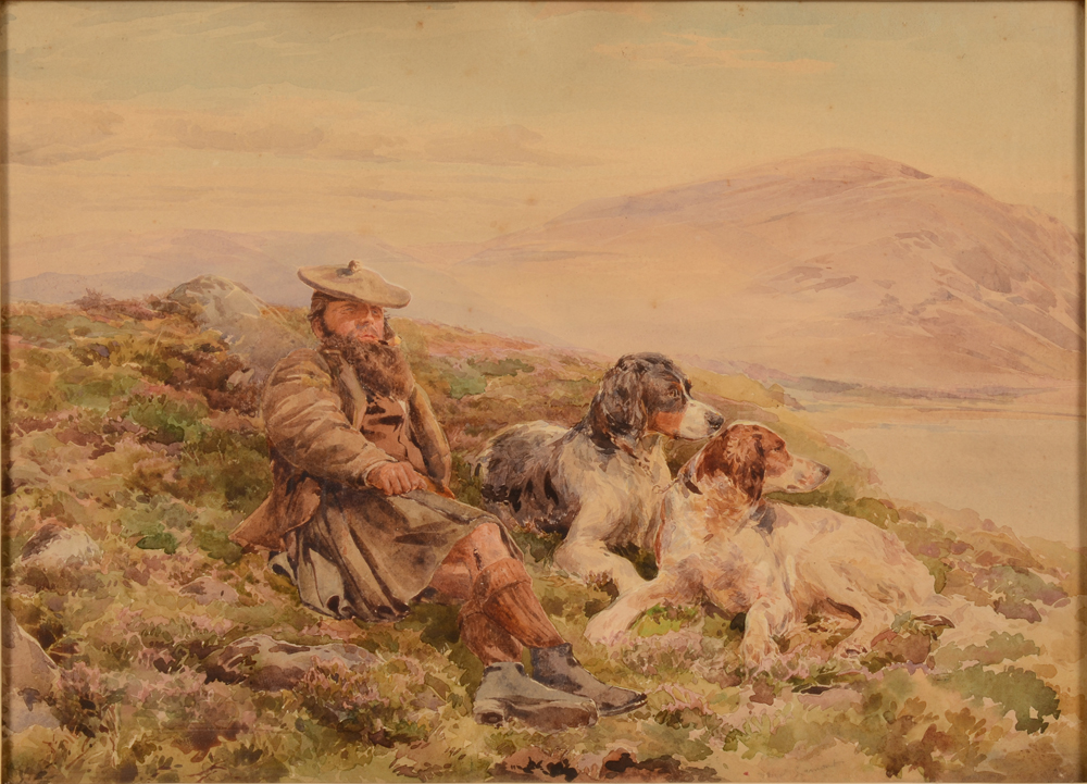 Thomas Reynolds Lamont — Portrait d'un homme ecossais avec ses chiens de chasse, aquarelle signe