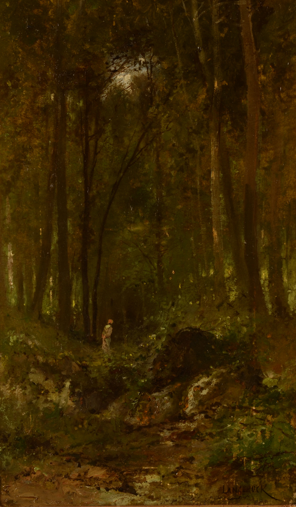Henri Langerock — Une figure dans le bois (Barbizon?), huile sur toile, signée