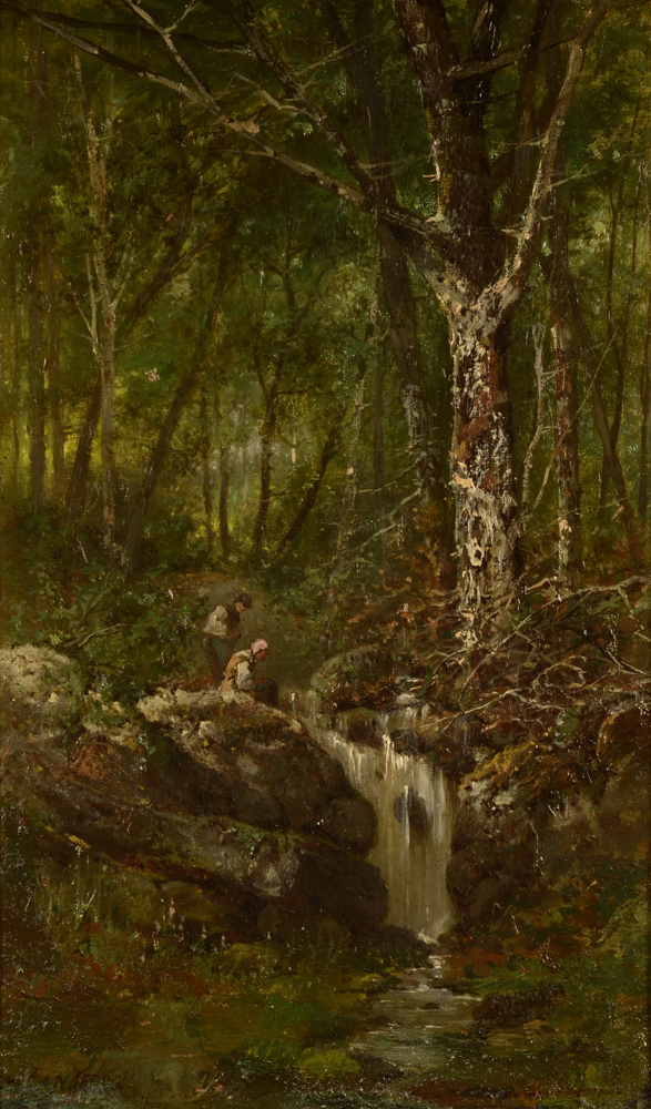 Henri Langerock — figures près d'une cascade dans la forêt