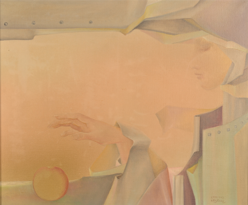 Charles-Louis Lasalle — Portrait d'une femme avec une orange, huile (?) sur toile signée de 1968