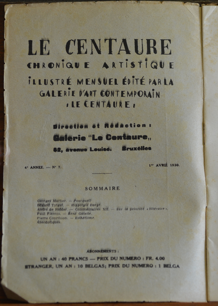 Le Centaure Avril 1930 — colophon of the magazine<br>