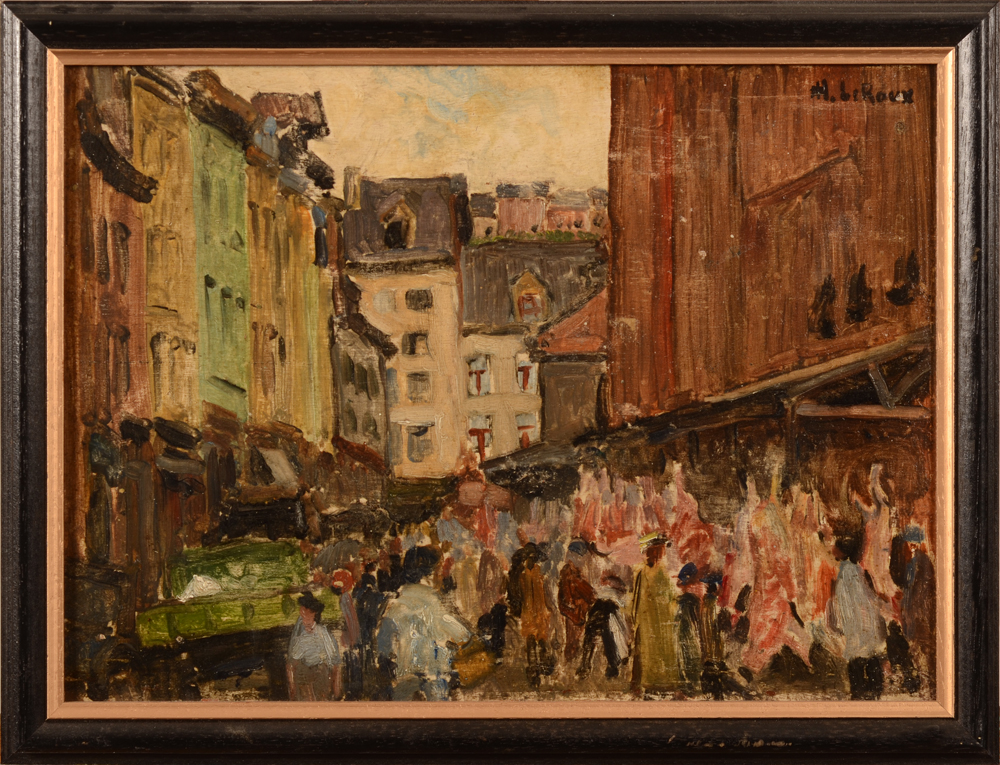 Henri Le Roux — Jour de marché à Liège, huile sur panneau de 1933