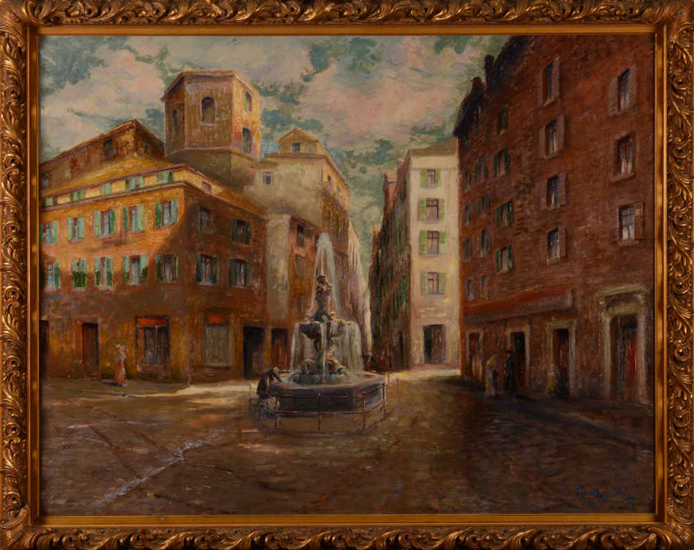 Hippolyte Le Roy — Vue de Rome, la place Barberini, huile sur toile importante