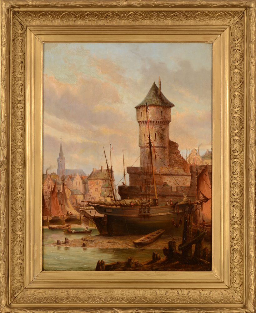 Legrand — Vue de port française, huile sur panneau signée, 19me