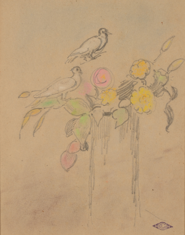 Georges Lemmen — Dessin d'etude avec pigons et fleurs, marque avec un cachet (cachet d'atelier?)