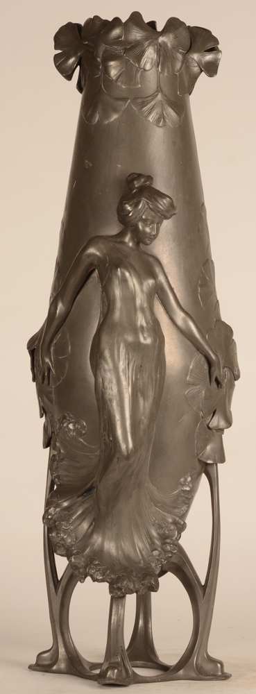 Hugo Leven — a monumental figurative jugendstil vase in pewter<br>