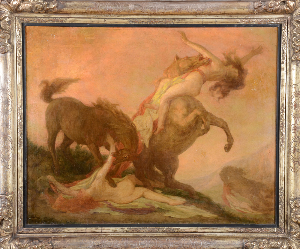 Auguste Leveque — The horses of Diomedes, a symbolist oil on canvas.