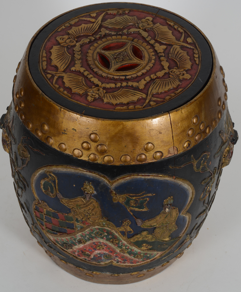 A Chinese barrel shaped polychrome wooden rice container — View from above with the wooden lid closed