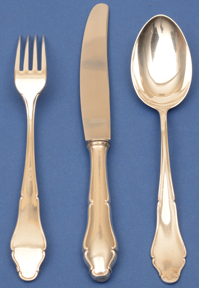 Lutz und Weiss — Silver eating fork, knife and spoon (knife showing back)