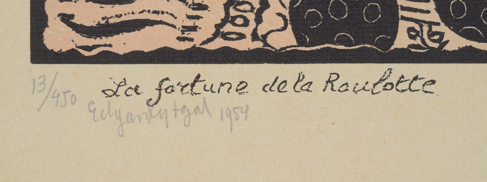 Edgard Tytgat 'La fortune de la Roulotte' woodcut from 1954 — Title printed, signed and justified (13/450) by the artist on the bottom left of the woodcut in pencil.