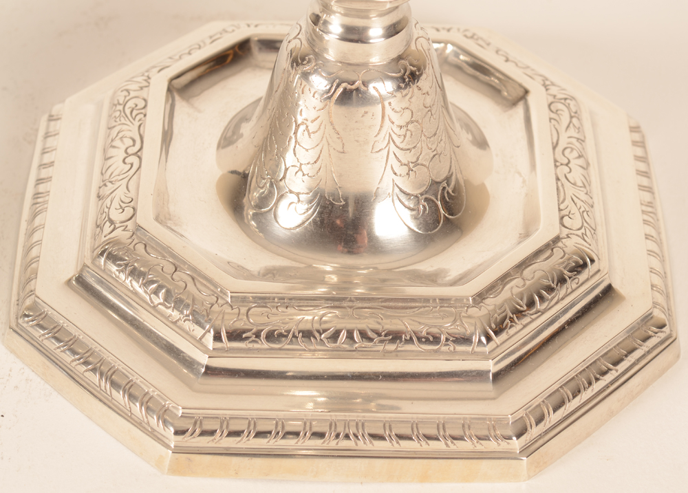 L XIV silver candlesticks — Detail of the base, showing the chasing