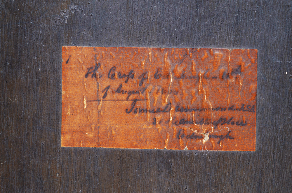 James Drummond — Detail of the label at the back with the title of the work and the adress of the painter