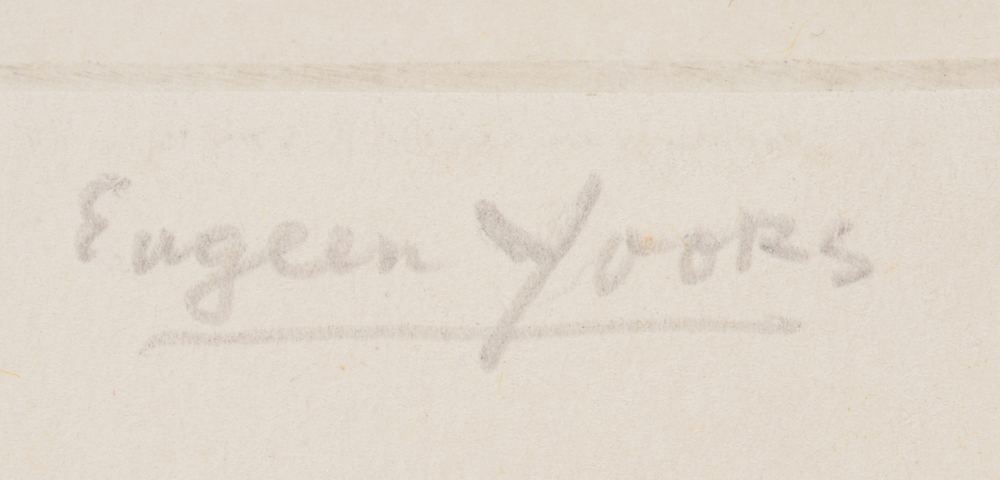 Eugeen Yoors etching of a writer — Signature of the artist written on the bottom right of the etching in pencil.