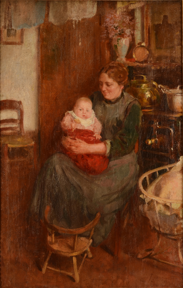 Jacques Madyol — La mère heureuse, huile sur toile, signée 'J. Madiol' probablement pour Jacques Madyol.
