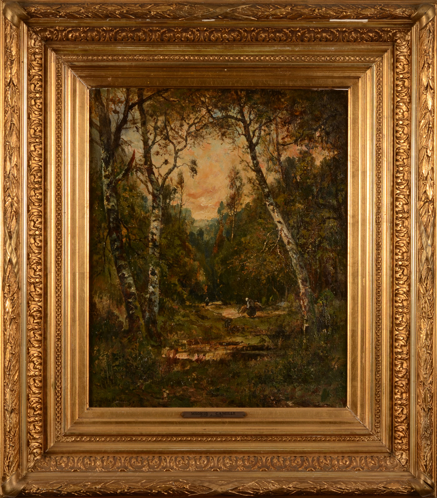 Camille Magnus — <p>Une fagotteuse dans la forêt de Fontainebleau, oeuvre typique dans le genre barbizon de cet élève de Diaz de la Pena</p>