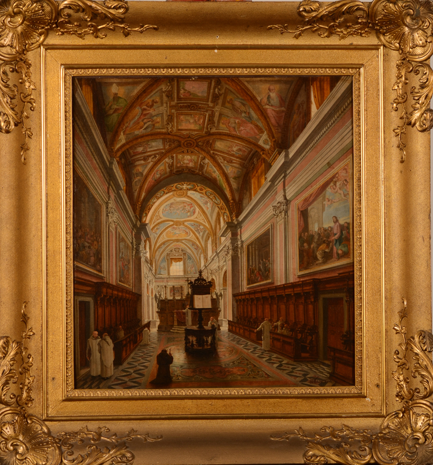 Joseph Maswiens — Vue d'intéreur d'une église, huile sur toile 19me