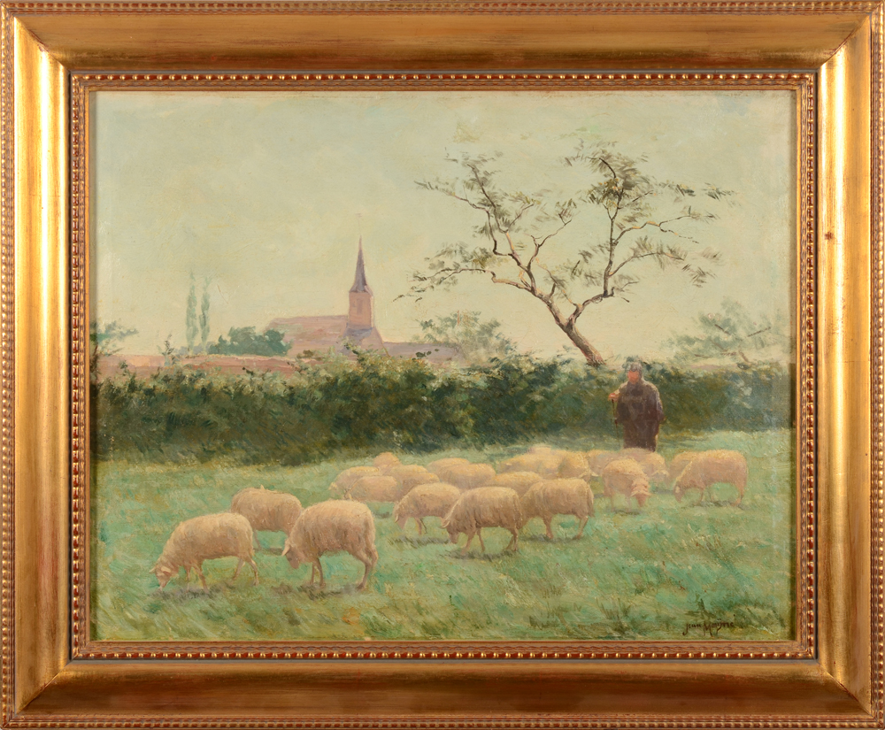 Jean Mayne — Paysage avec berger et ses moutons, un village sur le fond, huile sur toile