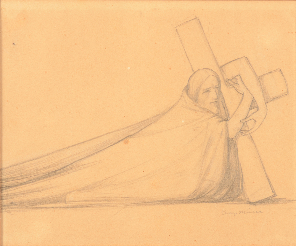 George Minne — Dessin original signé du Christ tombé sous la croix, ca. 1900-1910