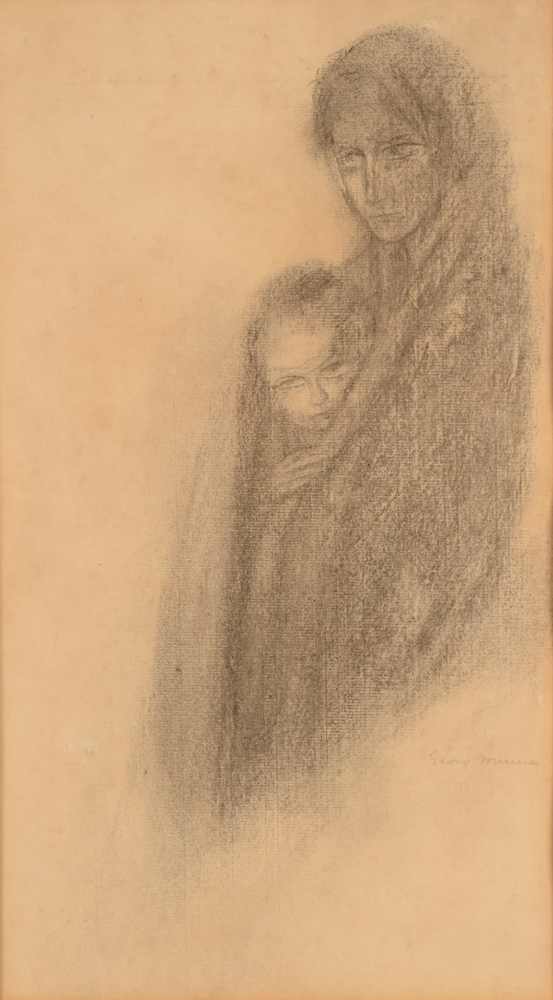 George Minne — Dessin, mère et enfant, signé