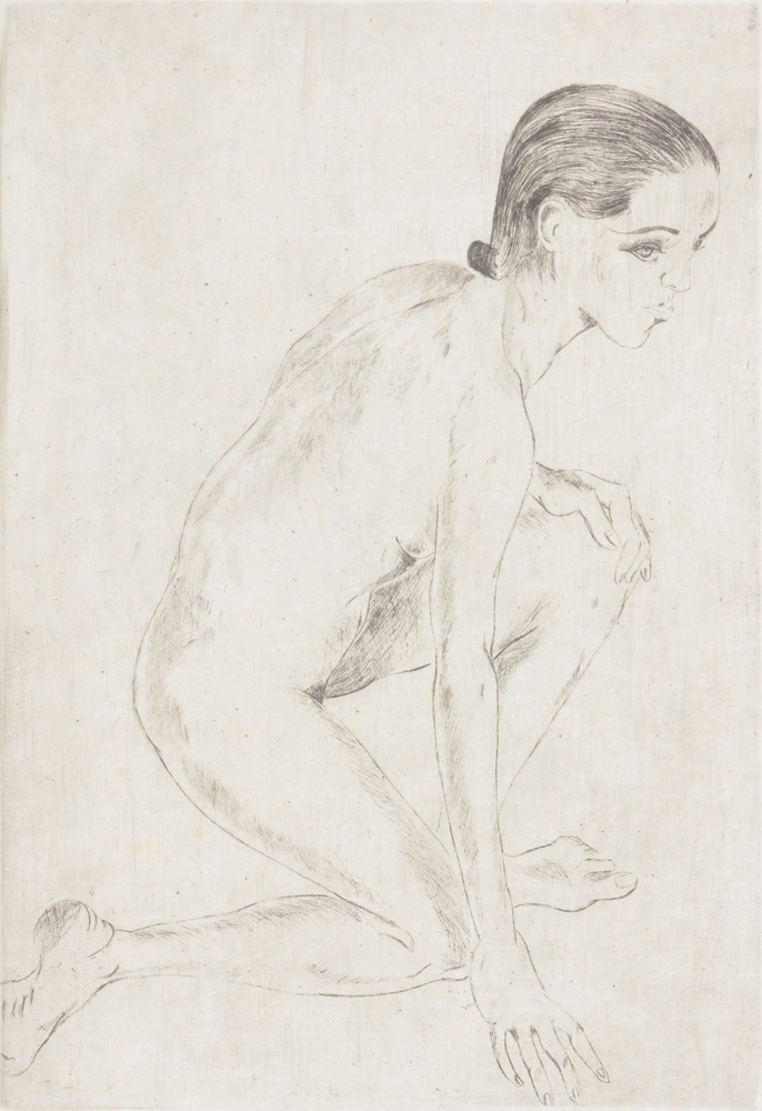 Crouching female nude etching — Detail of the etching