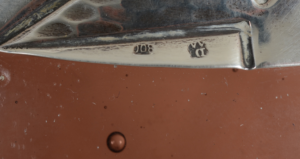 Delheid Frères and Degué an africanist acid etched glass and silver vase 1930s — Makers mark and alloy mark on the silver