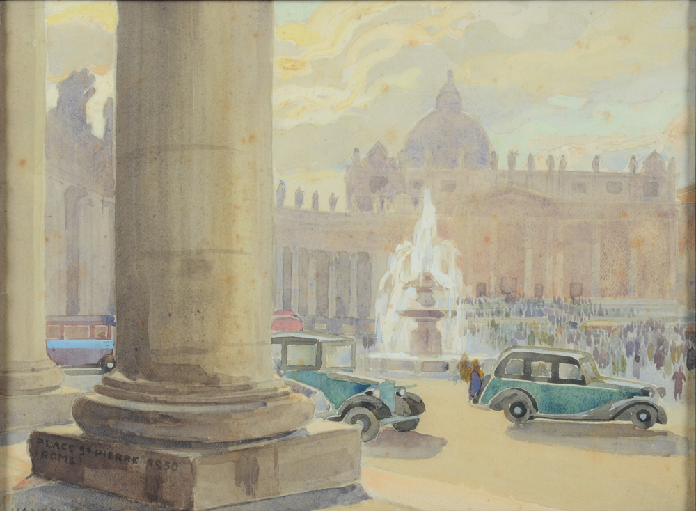 Gilbert Hansen 'Place St. Pierre Rome' watercolour from 1950 — Watercolour without the frame edges