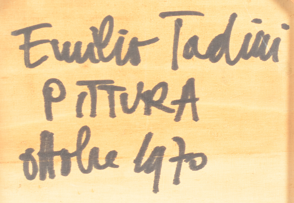 Emilio Tadini — Signature of the artist, title and date at the back of the painting