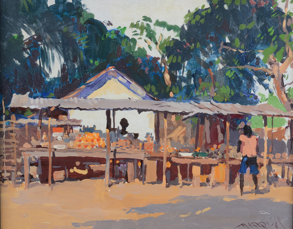 Guilherme d'Oliveira Marques — Vue d'un marché, probablement à Kinshasa, huile sur panneau signée