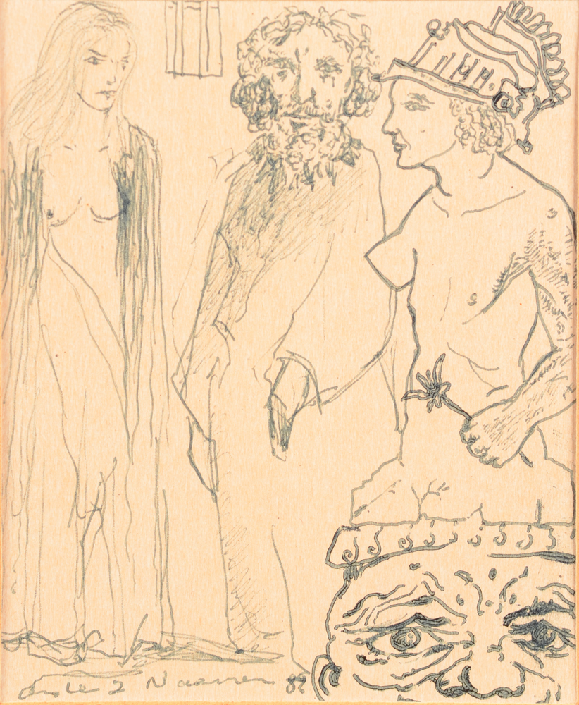 André Naessens — The painter and the muses, ink drawing, signed and dated 1982
