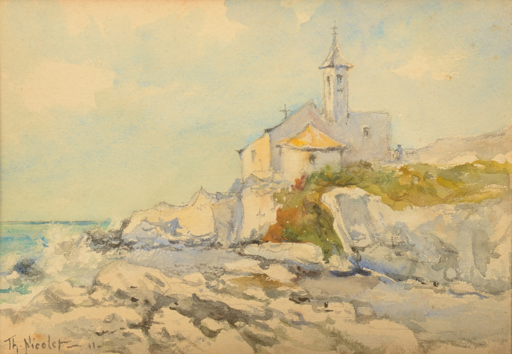 Théophile Nicolet Church on southern coastline 1911 — Aquarelle sur papier datée 1911
