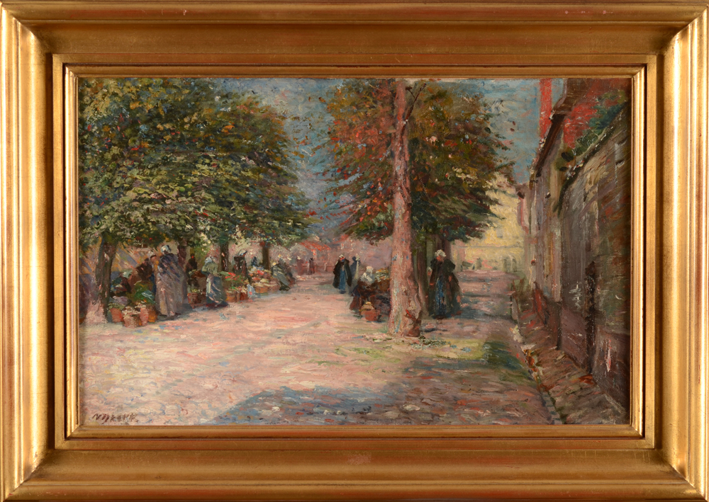 Maurits Niekerk — Markt onder de bomen, een mooi impressionistisch werk van deze miskende Nederlandse schilder die ook te Latem verbleef.
