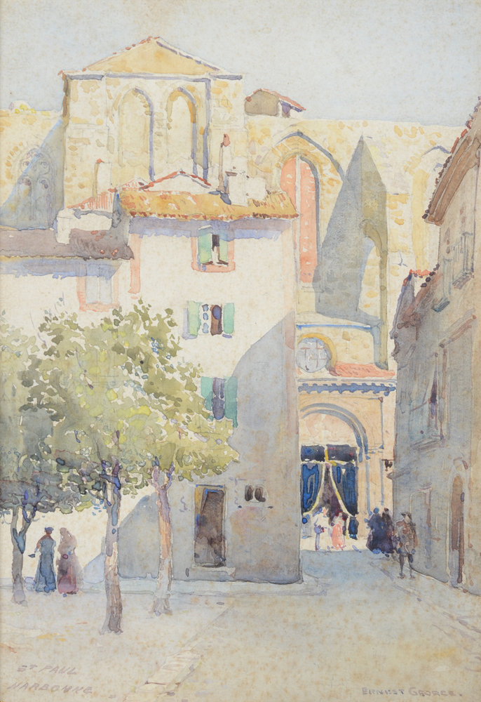 Ernest George — Vue de la basilique Saint-Paul à Narbonne, aquarelle signée