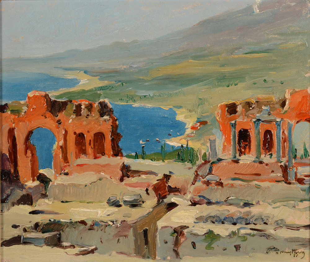 Henri Nuyttens — Une vue de Taormina en Sicile, huile sur panneau