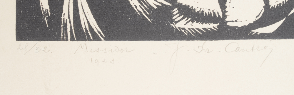 Jan-Frans Cantré Messidor Woodcut 1923, signature — Signature of the artist together with the justification, title and date written by the artist in pencil underneath the woodcut. 